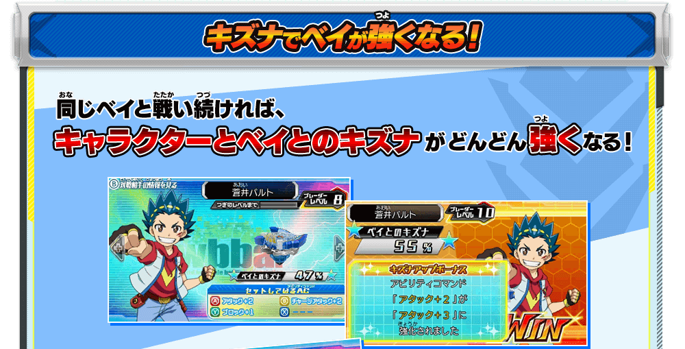 キズナでベイが強くなる！同じベイと戦い続ければ、キャラクターとベイとのキズナがどんどん強くなる！