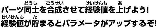 パーツ同士を合成させて経験値を上げよう!経験値が貯まるとパラメータがアップするぞ!