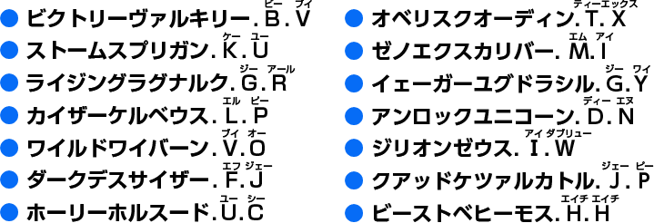 ビクトリーヴァルキリー.B.V ストームスプリガン.K.U ライジングラグナルク.G.R カイザーケルベウス.L.P ワイルドワイバーン.V.O ダークデスサイザー.F.K ホーリーホルスード.U.C オベリスクオーディン.T.X ゼノエクスカリバー.M.I イェーガーユグドラシル.G.Y アンロックユニコーン.D.N ジリオンゼウス.Ⅰ.W クアッドケツァルカトル.K.P ビーストベヒーモス.H.H