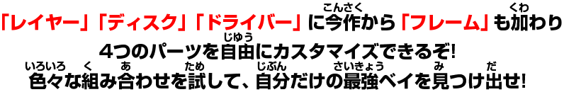 「レイヤー」「ディスク」「ドライバー」に今作から「フレーム」も加わり4つのパーツを自由にカスタマイズできるぞ!色々な組み合わせを試して、自分だけの最強ベイを見つけ出せ!