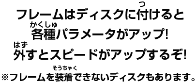 フレームはディスクに付けると各種パラメータがアップ!外すとスピードがアップするぞ! ※フレームを装着できないディスクもあります。