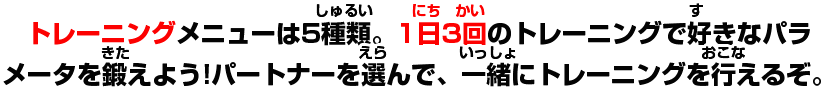 トレーニングメニューは5種類。1日3回のトレーニングで好きなパラメータを鍛えよう!パートナーを選んで、一緒にトレーニングを行えるぞ。