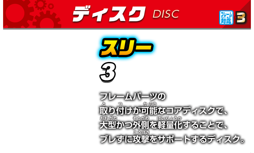 ディスク　フレーム対応　3　スリー　3　フレームパーツの取り付けが可能なコアディスクで、大型かつ外側を軽量化することで、ブレずに攻撃をサポートするディスク。