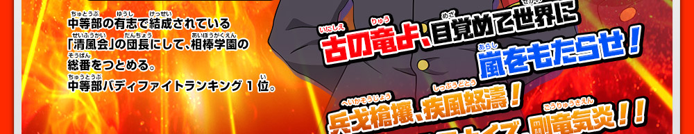 中等部の有志で結成されている「清風会」の団長にして、相棒学園の総番をつとめる。中等部バディファイトランキング1位。古の竜よ、目覚めて世界に嵐をもたらせ！兵戈槍攘、疾風怒濤！ルミナイズ、剛竜気炎！！ 