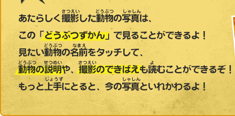 あたらしく撮影した動物の写真は、この「どうぶつずかん」で見ることができるよ！見たい動物の名前をタッチして、動物の説明や、撮影のできばえも読むことができつぞ！もっと上手にとると、今の写真といれかわるよ！