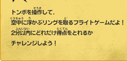 トンボを操作して、空中に浮かぶリングを取るフライトゲームだよ！2分以内にどれだけ得点をとれるかチャレンジしよう！