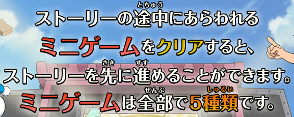 ストーリーの途中にあらわれるミニゲームをクリアすると、ストーリーを先に進めることができます。ミニゲームは全部で5種類です。
