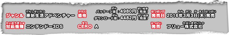 ジャンル：原始生活アドベンチャー、価格：パッケージ版：4980円（税抜）ダウンロード版：4482円（税抜）、発売日：2016年3月3日（木）発売、対応機種：ニンテンドー3DS、CERO：A、発売：フリュー株式会社