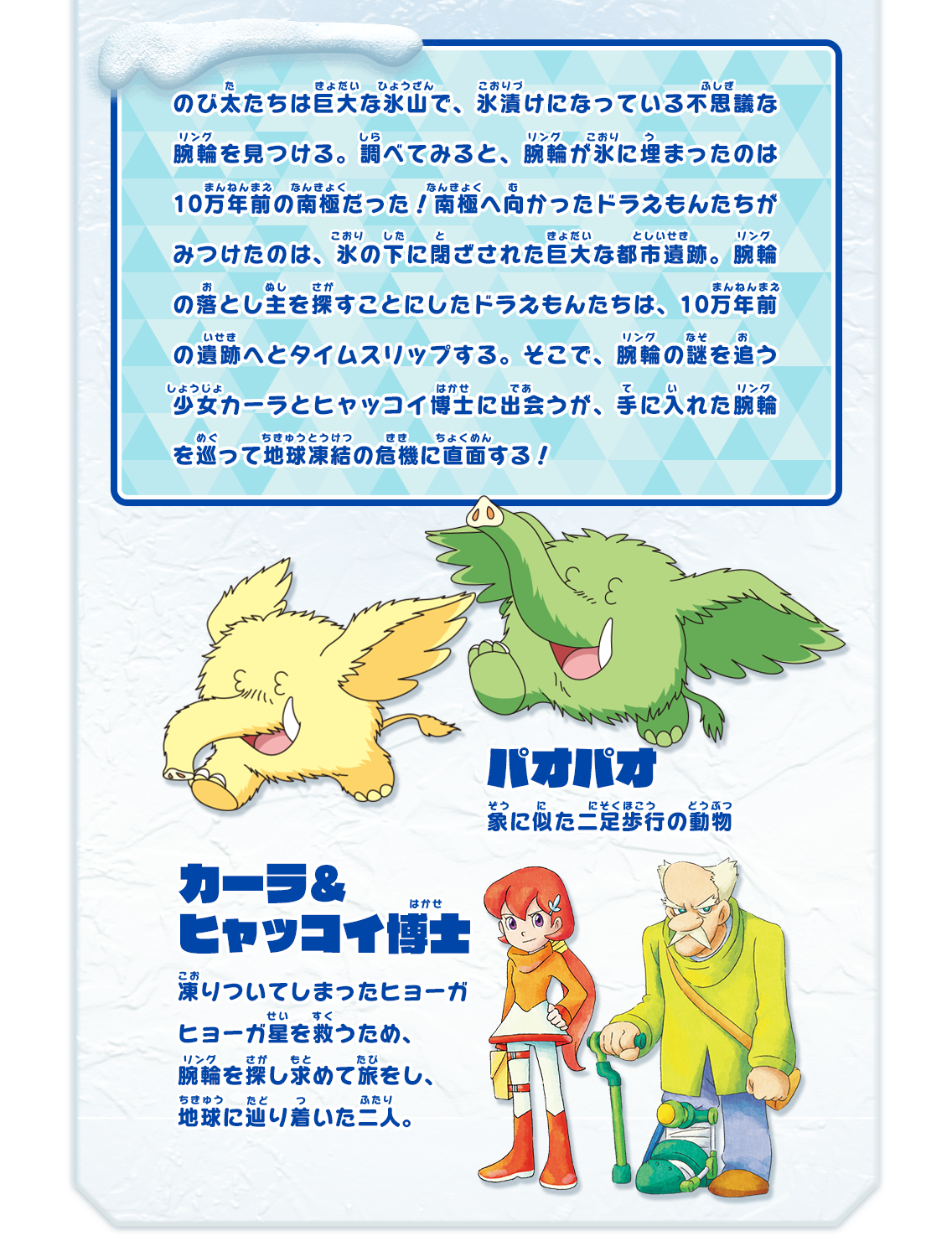 のび太たちは巨大な氷山で、氷漬けになっている不思議な腕輪を見つける。調べてみると、腕輪が氷に埋まったのは 10万年前の南極だった！南極へ向かったドラえもんたちがみつけたのは、氷の下に閉ざされた巨大な都市遺跡。腕輪の落とし主を探すことにしたドラえもんたちは、10万年前の遺跡へとタイムスリップする。そこで、腕輪の謎を追う少女カーラとヒャッコイ博士に出会うが、手に入れた腕輪を巡って地球凍結の危機に直面する！ パオパオ 象に似た二足歩行の動物 カーラ＆ヒャッコイ博士 凍りついてしまったヒョーガヒョーガ星を救うため、腕輪を探し求めて旅をし、地球に辿り着いた二人。