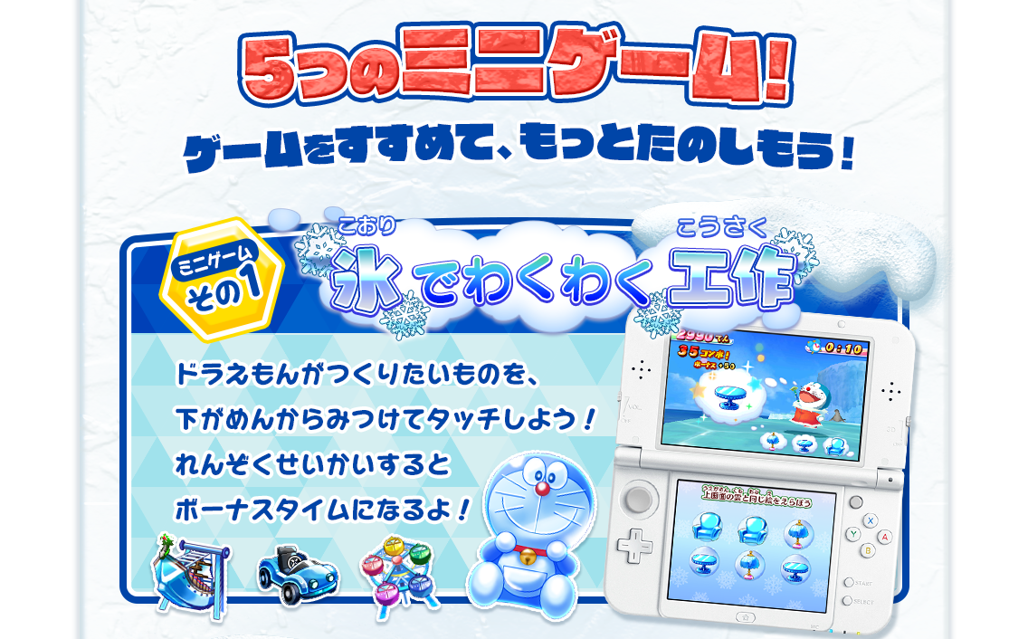 5つのミニゲーム! ゲームをすすめて、もっとたのしもう！ ミニゲームその1 氷でワクワク工作 ドラえもんがつくりたいものを、下がめんからみつけてタッチしよう！れんぞくせいかいするとボーナスタイムになるよ！