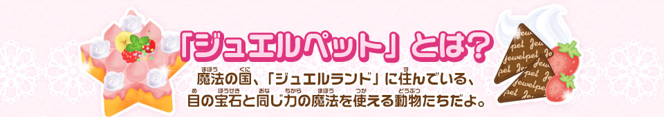 「ジュエルペット」とは？/魔法の国、「ジュエルランド」に住んでいる、目の宝石と同じ力の魔法を使える動物たちだよ。