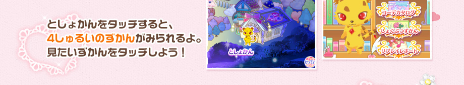 としょかんをタッチすると、4しゅるいのずかんがみられるよ。見たいずかんをタッチしよう！