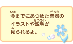 今までにあつめた楽器のイラストや説明が見られるよ。