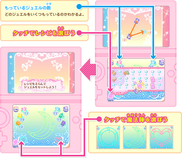もっているジュエルの数どのジュエルをいくつもっているのかわかるよ。／タッチでレシピを選ぼう／タッチで魔法陣をえらぼう