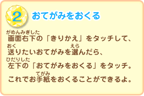 おてがみをおくる／画面右下の「きりかえ」をタッチして、送りたいおてがみを選んだら、左下の「おてがみをおくる」をタッチ。これでお手紙をおくることができるよ。