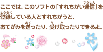 ここでは、このソフトの「すれちがい通信」を登録している人とすれちがうと、おてがみを送ったり、受け取ったりできるよ。