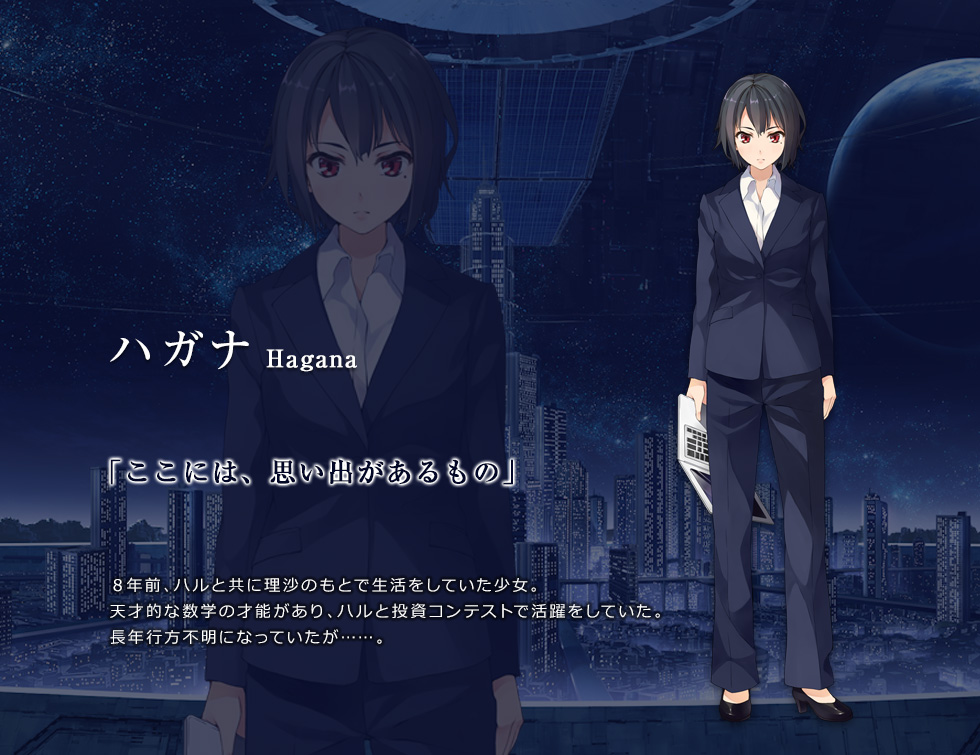 ハガナ「ここには、思い出があるもの」８年前、ハルと共に理沙のもとで生活をしていた少女。天才的な数学の才能があり、ハルと投資コンテストで活躍をしていた。長年行方不明になっていたが……。
