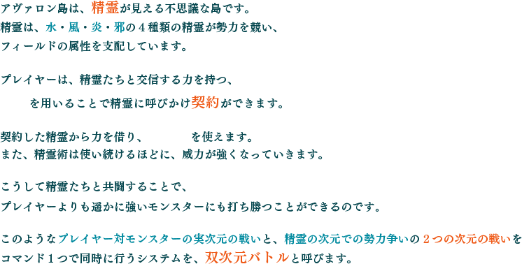 アヴァロン島は、精霊が見える不思議な島です。精霊は、水・風・炎・邪の４種類の精霊が勢力を競い、フィールドの属性を支配しています。プレイヤーは、精霊たちと交信する力を持つ、霊器を用いることで精霊に呼びかけ契約ができます。契約した精霊から力を借り、精霊術を使えます。また、精霊術は使い続けるほどに、威力が強くなっていきます。こうして精霊たちと共闘することで、プレイヤーよりも遥かに強いモンスターにも打ち勝つことができるのです。このようなプレイヤー対モンスターの実次元の戦いと、精霊の次元での勢力争いの２つの次元の戦いをコマンド１つで同時に行うシステムを、双次元バトルと呼びます。