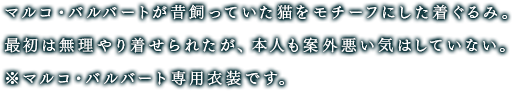 マルコ・バルバートが昔飼っていた猫をモチーフにした着ぐるみ。最初は無理やり着せられたが、本人も案外悪い気はしていない。※マルコ・バルバート専用衣装です。