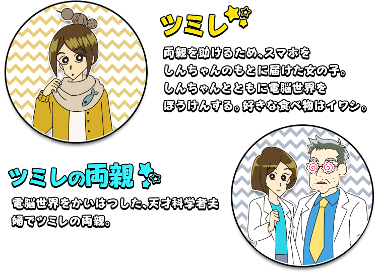 ツミレ 両親を助けるため、スマホをしんちゃんのもとに届けた女の子。しんちゃんとともに電脳世界をぼうけんする。好きな食べ物はイワシ。 ツミレの両親電脳世界をかいはつした、天才科学者夫婦でツミレの両親。