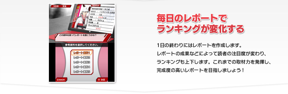 毎日のレポートでランキングが変化する■1日の終わりにはレポートを作成します。レポートの成果などによって読者の注目度が変わり、ランキングも上下します。これまでの取材力を発揮し、完成度の高いレポートを目指しましょう！