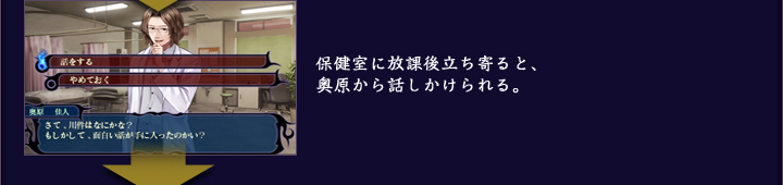 保健室に放課後立ち寄ると、奥原から話しかけられる。