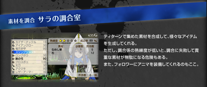 素材を調合 サラの調合室　ティターンで集めた素材を合成して、様々なアイテムを生成してくれる。ただし、調合係の熟練度が低いと、調合に失敗して貴重な素材が無駄になる危険もある。また、フォロワーにアニマを装備してくれるのもここ。