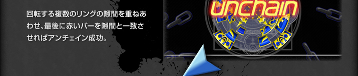 回転する複数のリングの隙間を重ねあわせ、最後に赤いバーを隙間と一致させればアンチェイン成功。