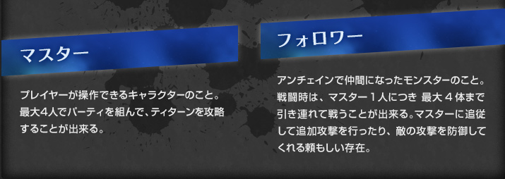 マスター　プレイヤーが操作できるキャラクターのこと。最大4人でパーティを組んで、ティターンを攻略することが出来る。　フォロワー　アンチェインで仲間になったモンスターのこと。戦闘時は、マスター1人につき最大4体まで引き連れて戦うことが出来る。マスターに追従して追加攻撃を行ったり、敵の攻撃を防御してくれる頼もしい存在。