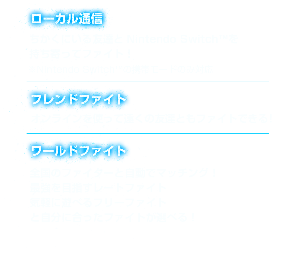 ■ローカル通信：ちかくにいる友達とNintendo Switch™を持ち寄ってファイト！※Nintendo Switch™の携帯モードのみ対応　■フレンドファイト：オンラインを使って遠くの友達ともファイトできる！　■ワールドファイト：全国のファイターと自動でマッチング！最強を目指すレートファイト気軽に遊べるフリーファイトと自分に合ったファイトが選べる！