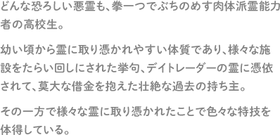 どんな恐ろしい悪霊も、拳一つでぶちのめす肉体派霊能力者の高校生。幼い頃から霊に取り憑かれやすい体質であり、様々な施設をたらい回しにされた挙句、デイトレーダーの霊に憑依されて、莫大な借金を抱えた壮絶な過去の持ち主。その一方で様々な霊に取り憑かれたことで色々な特技を体得している。